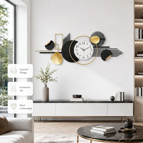 Miniatura 3 de WALL Arte de pared abstracto moderno de metal, círculos geométricos negros y dorados, decoración contemporánea del hogar, 59 x 24 pulgadas, arte