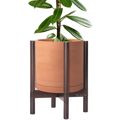 Miniatura 19 de D'vine Dev Maceta de cerámica con soporte de ébano – Maceta redonda moderna de 8 pulgadas con soporte para maceta de madera, color negro, 55-B-M-2