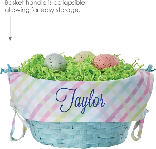 Miniatura 4 de Cesta de huevo de Pascua personalizada con asa y nombre personalizado en escritura azul marino Forro de canasta de Pascua multicolor Cesta azul