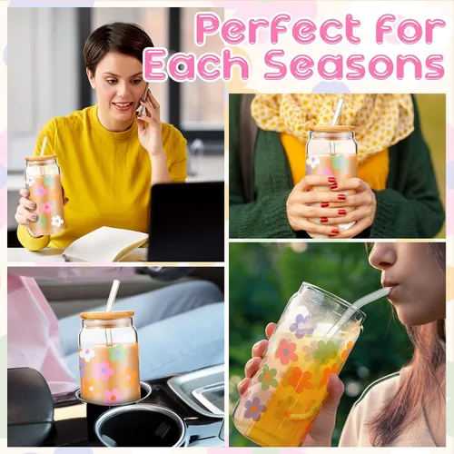 Miniatura 6 de Cunhill 2 juegos de regalos estéticos de margaritas, taza de café helado, bonitas tazas de vidrio con tapas y pajitas, tazas lindas, taza de flores