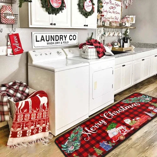 Miniatura 9 de 2 piezas de alfombras y tapetes de cocina de Navidad para el suelo con respaldo antideslizante, decoración de cocina de Navidad feliz, juego