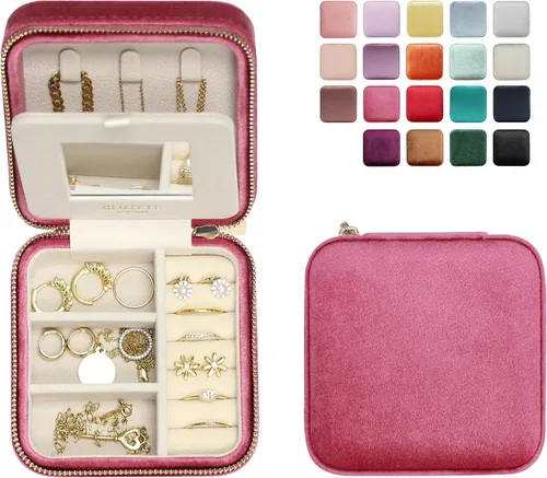 Miniatura 53 de BLUTETE Joyero de viaje organizador de terciopelo con anillos de espejo, aretes, collares, caja organizadora de almacenamiento (negro)