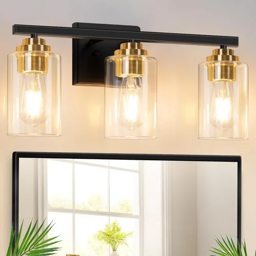Miniatura 32 de Lámparas de baño de 3 luces, 19 pulgadas, modernas luces de tocador sobre espejo con pantallas de vidrio transparente, accesorio de luz marrón