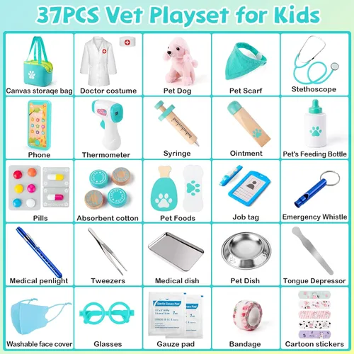 Miniatura 5 de Sundaymot Kit de Doctor para Niños, 37 piezas de juguetes de jugar al Doctor, kit de Doctor para niños pequeños de 3 a 5 años, con juguete de perro