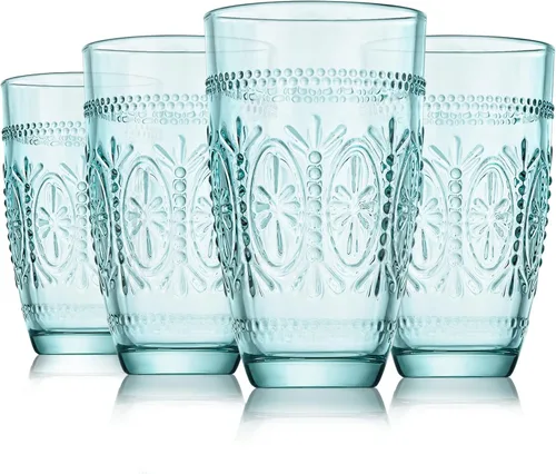 Juego de 4 vasos de vidrio vintage de colores, vasos de agua románticos con relieve de 15.5 oz, vasos templados de vidrio de colores para jugo,