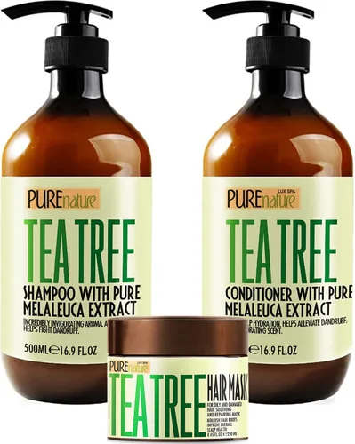 Pure Nature - Juego de champú y acondicionador de aceite de árbol de té y mascarilla para el cabello con aceite de árbol de té