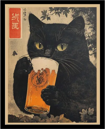 Miniatura 8 de SENLYCH Póster de pintura en lienzo e impresión vintage de gato negro con cerveza, impresión de arte japonés, gato negro bebiendo cerveza, póster