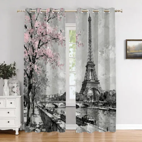 Miniatura 104 de Cortinas opacas de cocina con pintura al óleo de Europa rosa y negra para ventanas, cenefas opacas modernas de torre Eiffel de poliéster multicapa