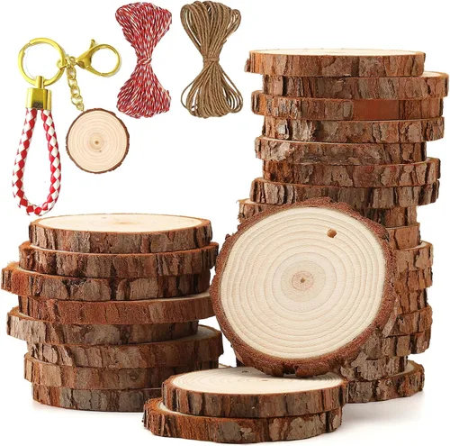 SENMUT Rebanadas de madera natural, 30 unidades de círculos de madera preperforados de 2.0 a 2.45 pulgadas para manualidades, rebanadas de madera de