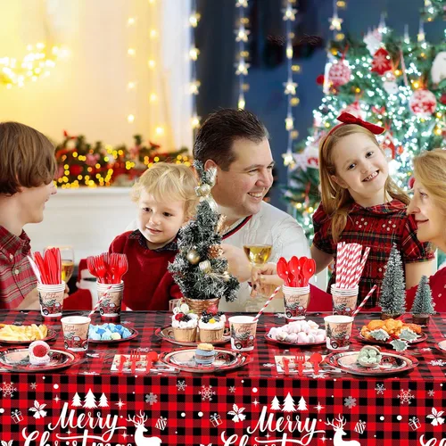 Miniatura 5 de Juego de vajilla desechable de 194 piezas de Feliz Navidad, suministros de fiesta de Navidad a cuadros, incluye platos de camión rojos, tazas