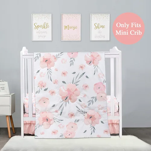 Miniatura 2 de PINNKKU Juego de ropa de cama de cuna de 3 piezas para niños y niñas, incluye falda de cuna, manta, sábana, ropa de cama de bebé, floral, tamaño mini