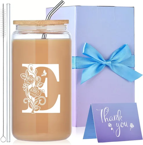 Miniatura 10 de Vasos de vidrio con iniciales con tapas y pajitas, regalos con monograma para mujeres, vaso de vidrio de cerveza de 16 onzas, taza de café helado