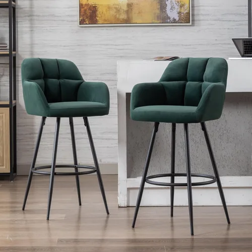 Miniatura 8 de ROCITY Juego de 2 taburetes de bar de terciopelo con respaldo, silla de bar beige para isla de cocina, taburetes de bar modernos con patas de metal