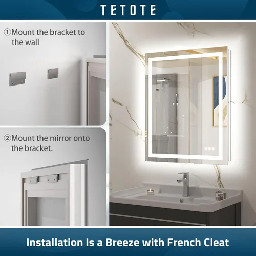 Miniatura 6 de TETOTE Espejo de tocador LED de 48 x 24 pulgadas, espejo de baño iluminado con función regulable y antiniebla, espejo de maquillaje con luces