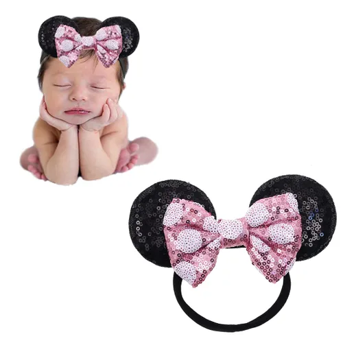 Miniatura 13 de Diadema de orejas de ratón con lazo de lentejuelas, banda elástica suave para el pelo, diadema de fiesta para bebés, niñas recién nacidas, niños