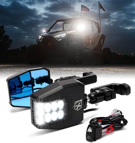 Miniatura 10 de Xprite UTV - Espejos LED de visión lateral de aluminio con luces de charco, se adapta a barra de jaula enrollable de 1.75 a 2 pulgadas para Polaris