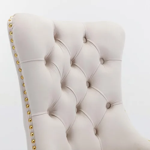 Miniatura 4 de Juego de 2 sillas de comedor de terciopelo, sillas decorativas tapizadas con patas de metal dorado, ribete de cabeza de clavo, tirador de anillo