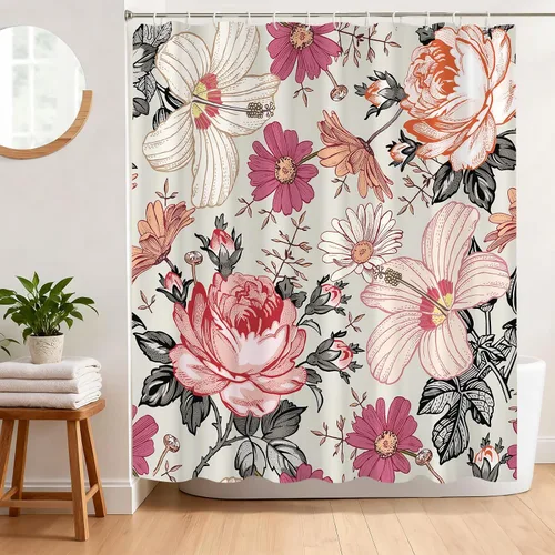 Cortina de ducha floral rosa de 72 x 72 pulgadas, cortina de ducha retro de estilo rústico de mediados de siglo, para decoración de baño, tela de