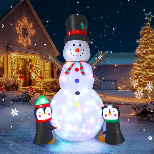 Dawdix Muñeco de nieve inflable de Navidad de 8 pies, muñeco de nieve de Navidad para inflar con pingüinos, luces LED coloridas giratorias