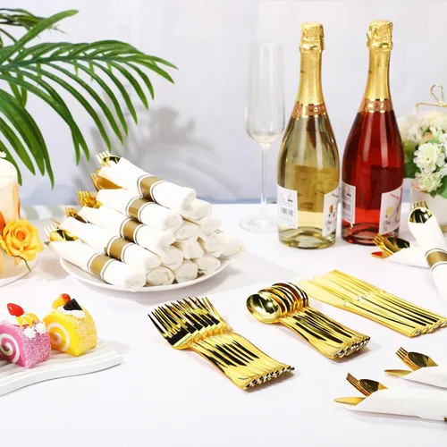 Miniatura 4 de Zubebe Juego de 800 cubiertos preenvueltos de plástico desechables con 200 tenedores, 200 cuchillos, 200 cucharas, 200 servilletas para bodas, Dorado