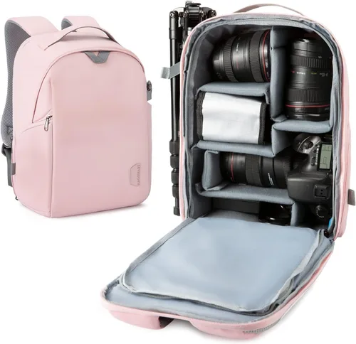 BAGSMART Bolsa para cámara, mochila para cámara, funda para cámara DSLR SLR que se ajusta a laptop de 13.3 pulgadas, mochilas de fotografía Rosa