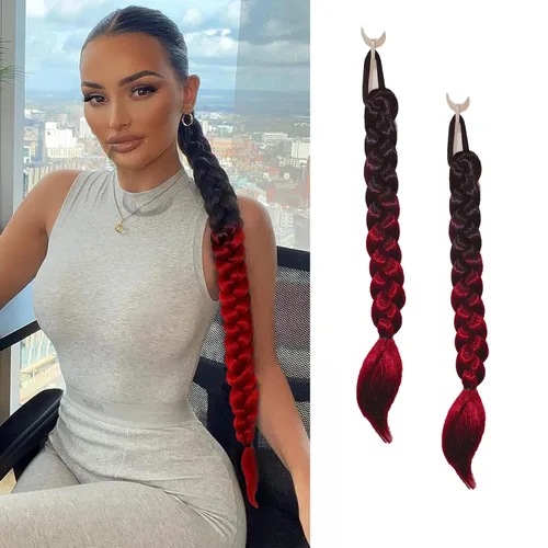 Miniatura 15 de 2 paquetes de 16 pulgadas de extensión de cola de caballo trenzada larga negra para mujeres negras con banda elástica, trenzado recto, extensiones