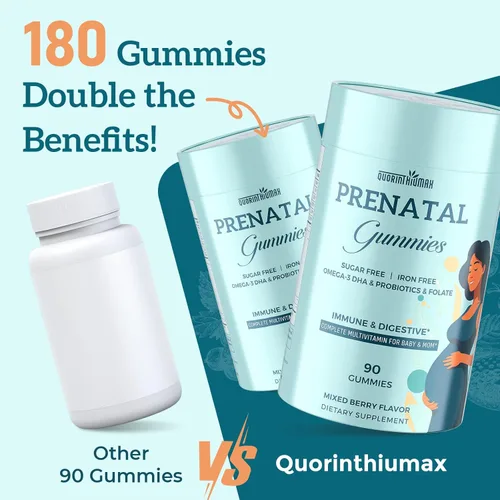 Miniatura 5 de Quorinthiumax Gomitas prenatales sin azúcar, 180 unidades, vitaminas prenatales orgánicas para mujeres con folato, DHA y probióticos, gomitas