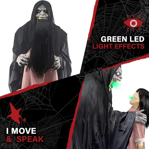 Miniatura 6 de Haunted Hill Farm Soul Sucker Demon Reaper con Niño de Tekky, Animatrónico de Halloween con Activación por Movimiento y Habla para Decoraciones