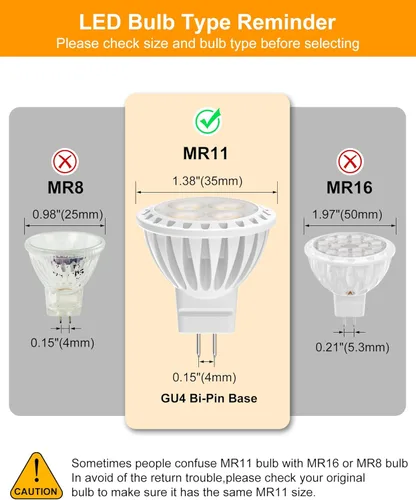 Miniatura 4 de Paquete de 6 bombillas LED MR11 de 3 W, blanco cálido 2700 K, base de dos pines GU4, foco de bajo voltaje de 12 V, no regulable, reemplazo halógeno