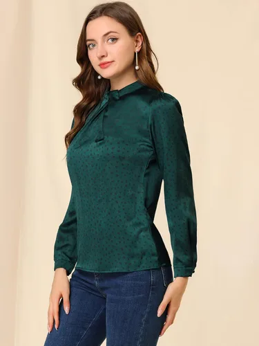 Miniatura 2 de Allegra K Blusa de satén de manga larga abombada con volantes y cuello torcido para mujer