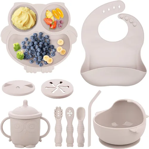 Baby Weaning Set – Juego de alimentación de silicona para niños pequeños (10 piezas) con babero ajustable, cuenco de succión, plato, tenedor,