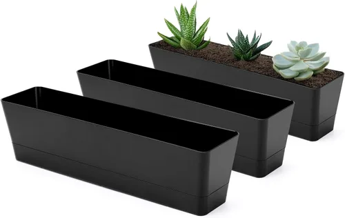 Miniatura 12 de GREANER Maceteros de hierbas de 12 x 3.8 pulgadas, 1 paquete de cajas rectangulares con bandeja, maceta de plástico para suculentas