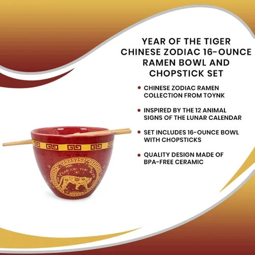 Miniatura 7 de Year Of The Tiger - Juego de vajilla de cerámica del zodiaco chino Incluye cuenco de fideos ramen de 16 onzas y palillos de madera Juego