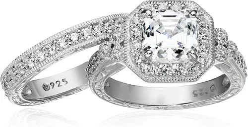 Miniatura 12 de Amazon Essentials Anillo antiguo de plata de ley chapada en platino o oro con circonita cúbica de elementos infinitos de corte Asscher