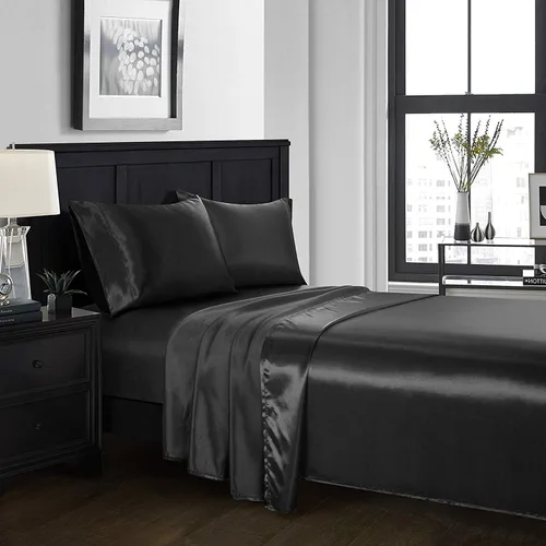 Miniatura 19 de 4 piezas de sábanas de satén 100% seda pura, lujosa colección de ropa de cama ultrasuave y suave, 19 pulgadas de profundidad, 1 sábana bajera, 1