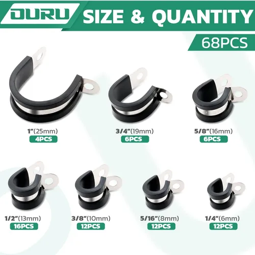 Miniatura 2 de OURU 68 piezas Kit de surtido de abrazaderas de cable, 7 tamaños Abrazaderas de cable con revestimiento de goma de acero inoxidable acolchadas