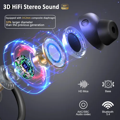 Miniatura 2 de Auriculares inalámbricos deportivos, 2025 auriculares Bluetooth 5.4 con graves 3D, Hi-Fi, estéreo, sobre la oreja, 60H, cancelación de ruido ENC