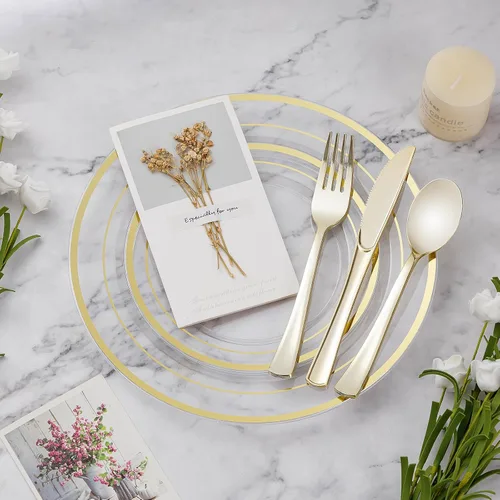 BESTVIP Juego de vajilla de 600 piezas en color dorado transparente para 100 invitados, platos de plástico para fiestas, Navidad y Año Nuevo, 100