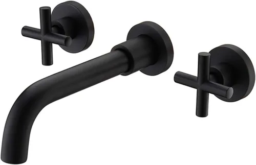 TRUSTMI Grifo de baño de latón negro mate montado en la pared, doble mango cruzado grifo de lavabo en pared y válvula áspera incluida