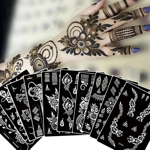 Miniatura 16 de 10 hojas de plantillas de tatuaje de henna 10 pares de plantillas de tatuaje temporal para brazo y mano Tatuajes indios árabes con purpurina