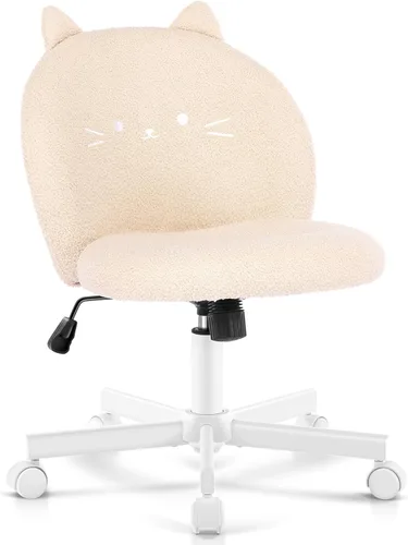 Silla de tocador con respaldo de gato, silla de escritorio sin brazos, bonita silla de oficina pequeña, silla de computadora de tela de peluche con