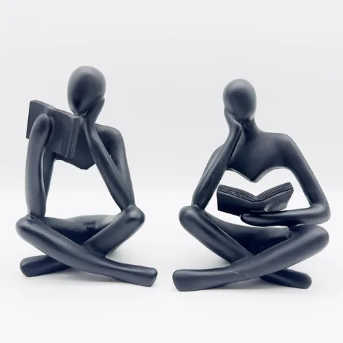 Estatua negra de 2 piezas para decoración del hogar, estatua de pensador de lectura negra, figuras modernas, escultura estética abstracta, juego de