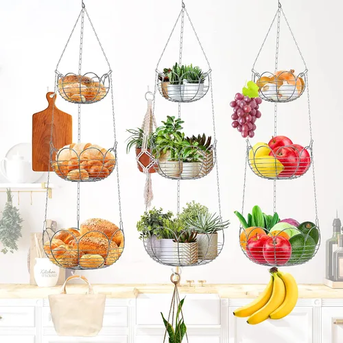 Miniatura 6 de Simple Houseware - Cesta colgante moderna para frutas de 3 niveles, cromado Cromo