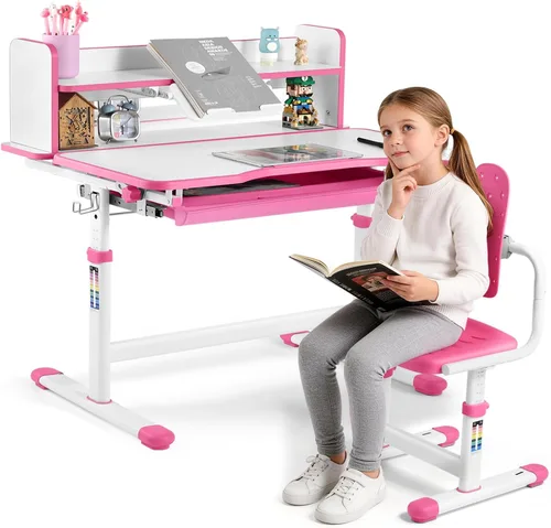 Miniatura 12 de Artist hand Kids Desk and Chair Set, Height Adjustable Desk with 0-40° Tilting Desktop, 2-Tier Bookshelf, Tablet Stand, Drawer, Hook and Ergonomic
