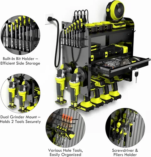 Miniatura 4 de KSVO Organizador de herramientas eléctricas para montaje en pared con estante de taladro y cajones de bloqueo, estante de herramientas de metal Negro