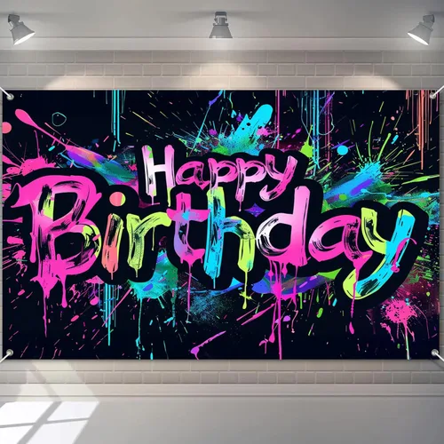 Miniatura 24 de HOMETITUTE Pancarta de Neón de Feliz 10mo Cumpleaños 71 x 43 pulgadas, Salpicadura de Pintura que Brilla en la Oscuridad, Telón de Fondo