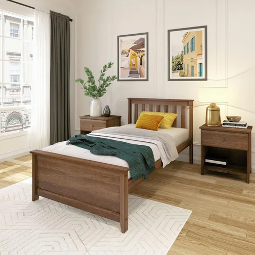 Plank+Beam Estructura de cama individual de madera maciza, cama plataforma con cabecero, color nogal