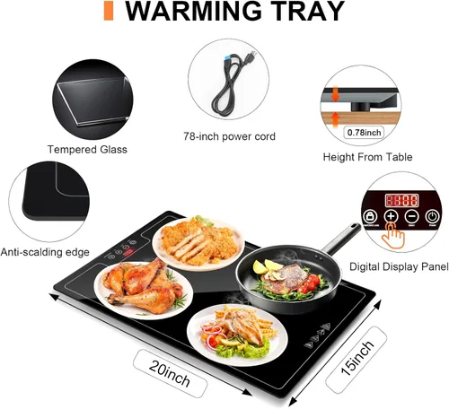 Miniatura 8 de Bandeja eléctrica de calentamiento de calor, calentador de superficie completa de 20 x 15 pulgadas con termostato, pantalla digital, soporte de 104
