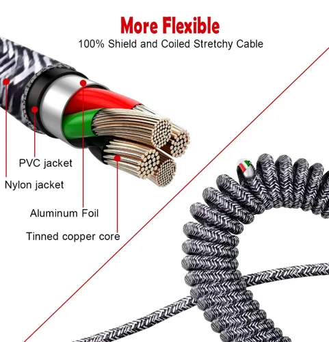 Miniatura 4 de Cable USB-A a Lightning en espiral de 90° (negro cebra) – trenzado, carga rápida, cable de carga de coche en ángulo recto, estiramiento de 2 a 8