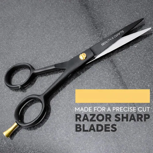 Miniatura 6 de Beauty & Crafts Tijeras profesionales de 5 pulgadas para barba y bigote para hombre, tijeras de corte de barba de acero inoxidable alemán con 2 Negro